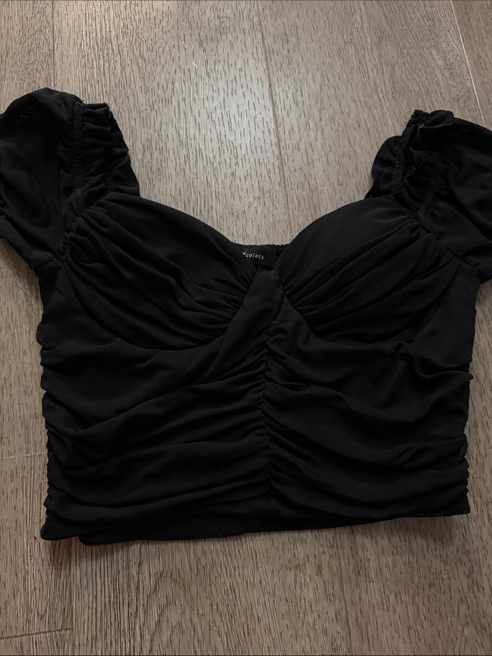 Ruched Sweetheart Black Crop Top with Puff Sleeves